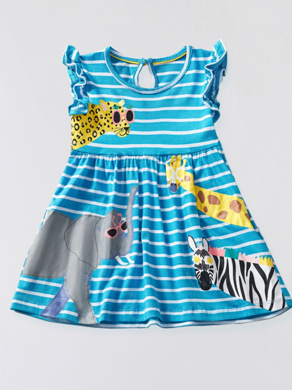 Children's Striped Animal Print Ruffle Sleeve Dress