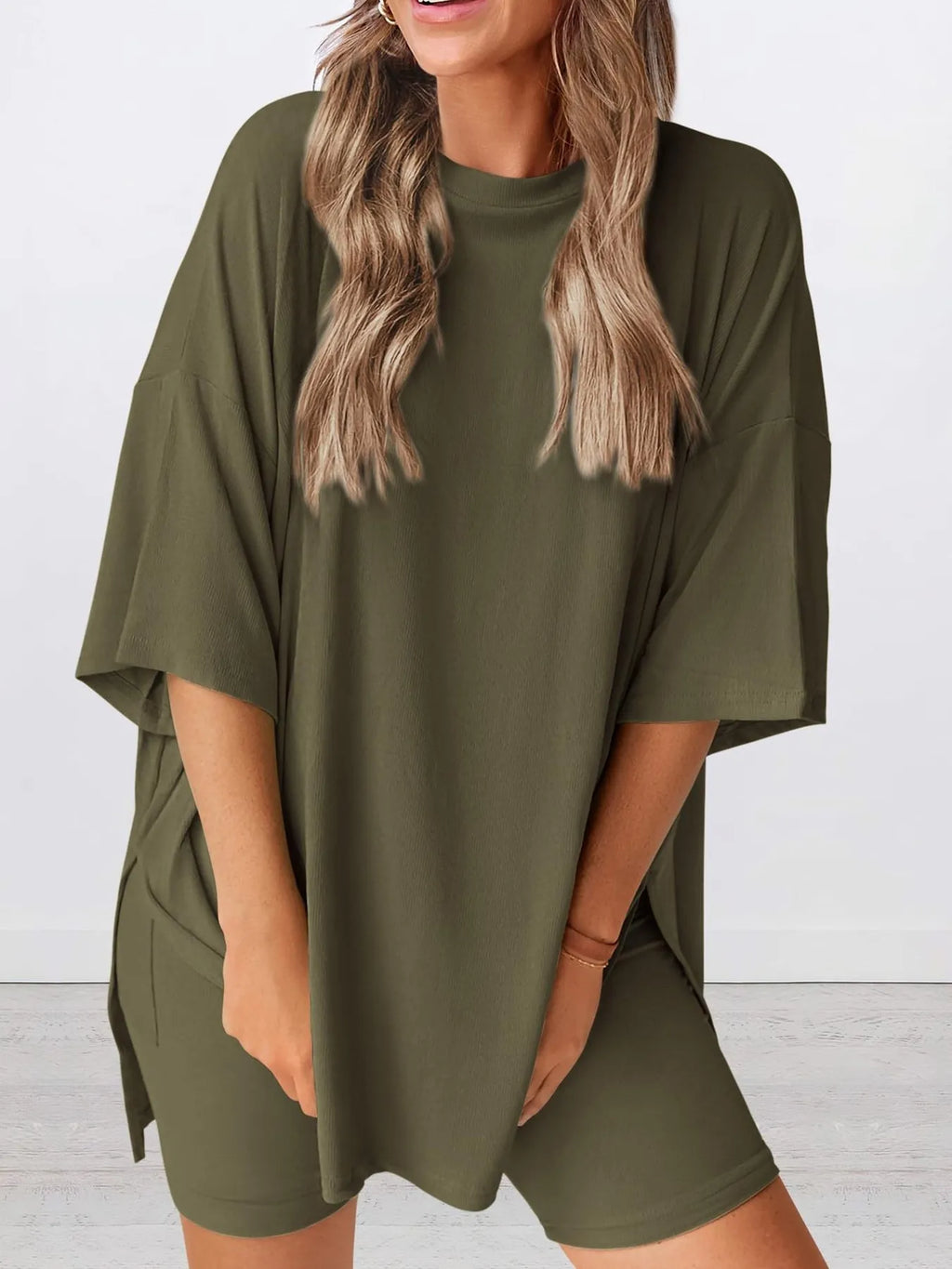 Oversized Slit Round Neck Top and Shorts Lounge Set