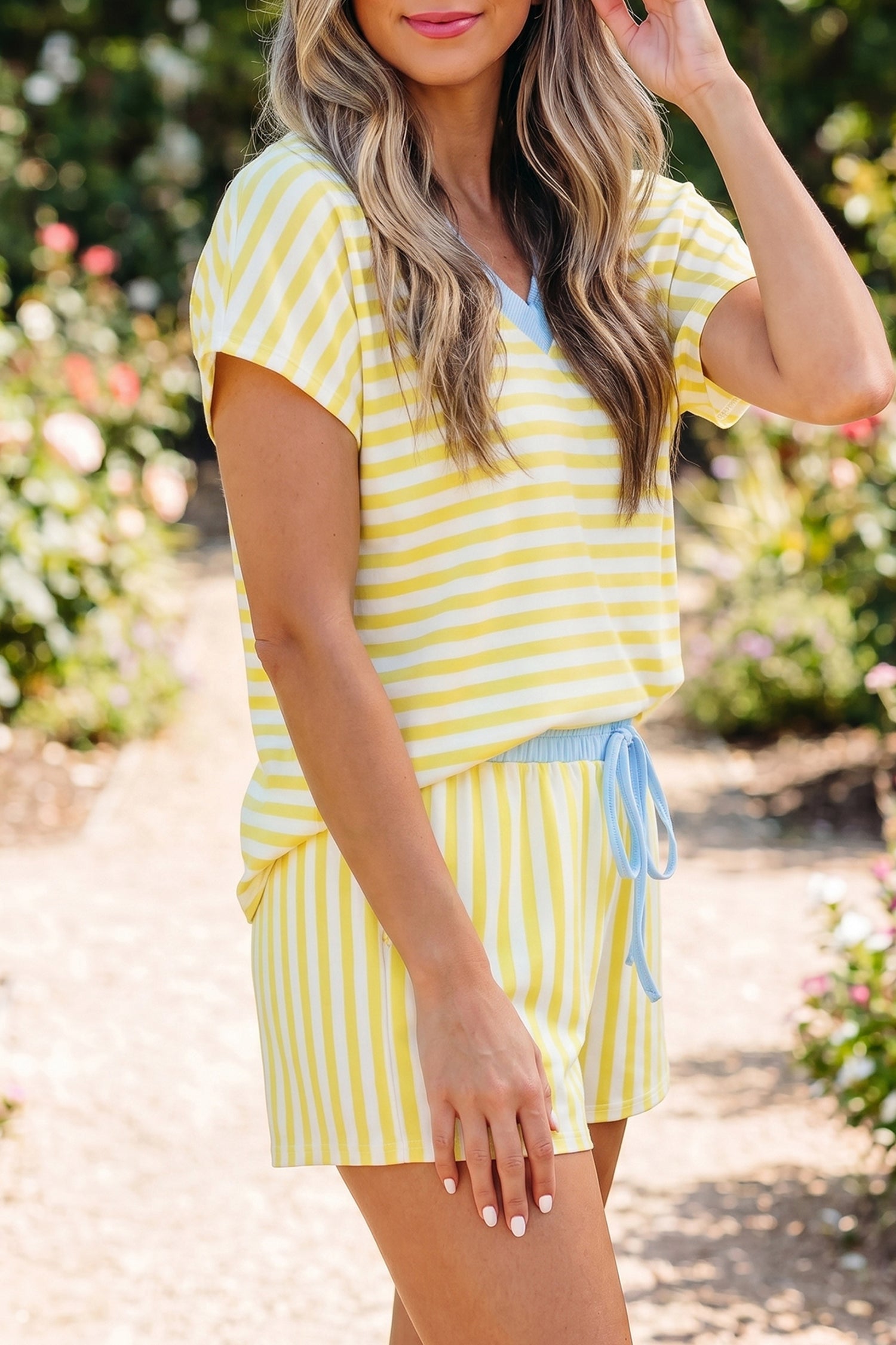 Yellow Stripe Colorblock Trim V Neck Tee Drawstring Elastic Waist Short Set