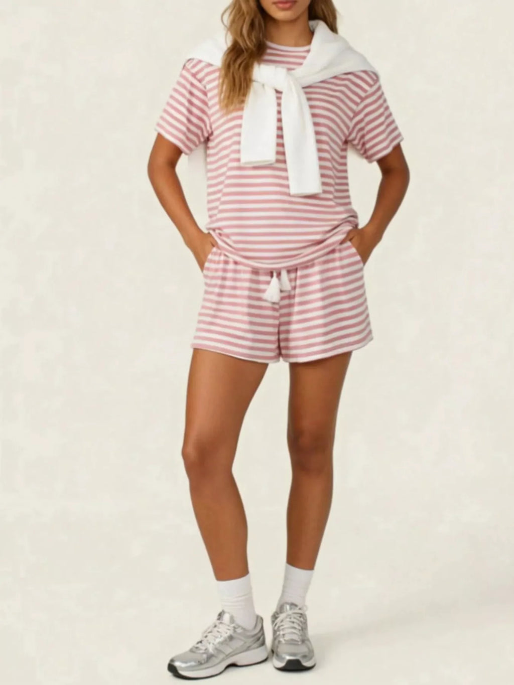 Striped Short Sleeve Tee and Drawstring Shorts Set
