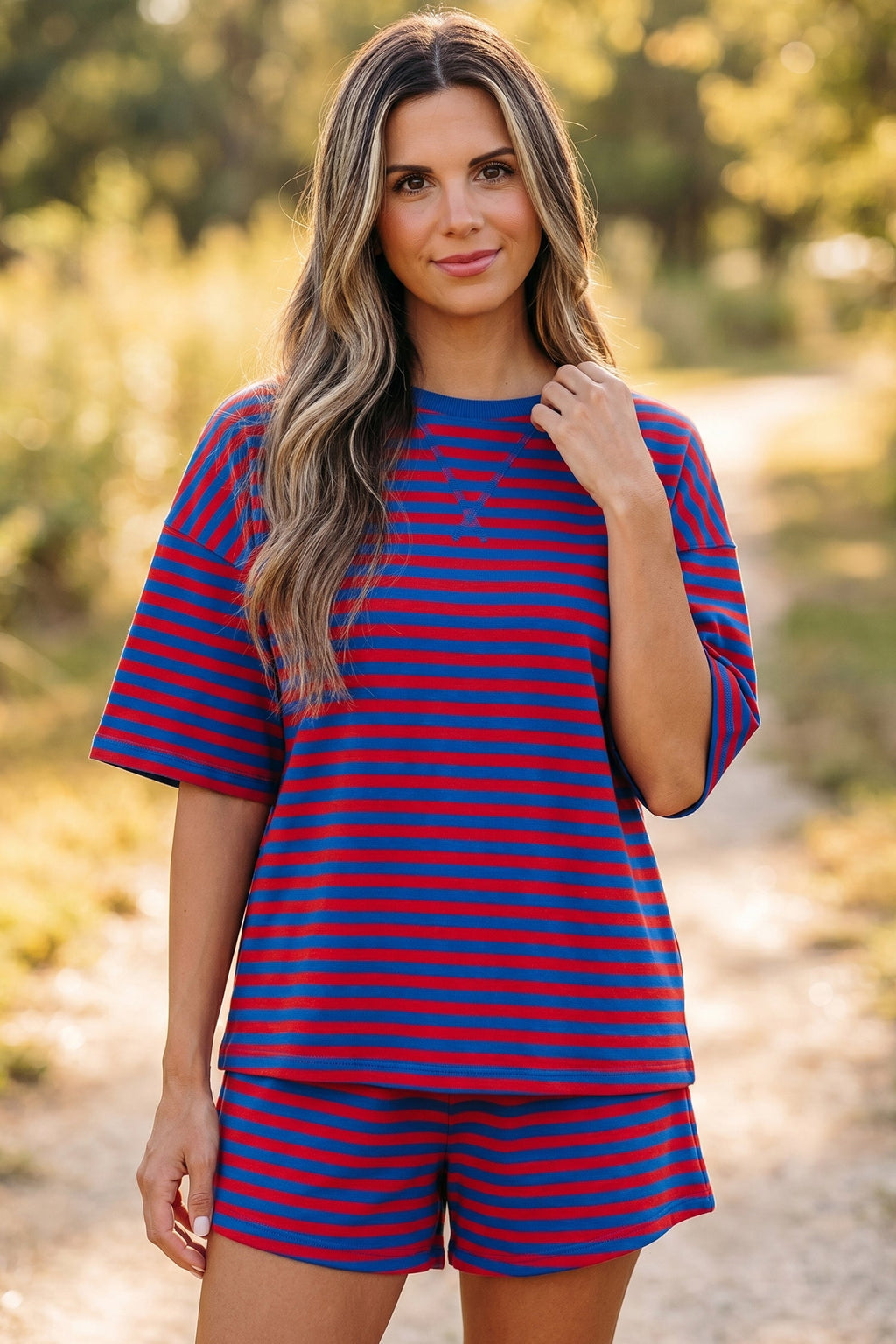 Navy Stripe Striped Ribbed Cotton Two-Piece Short Set with Chest Patch Detail
