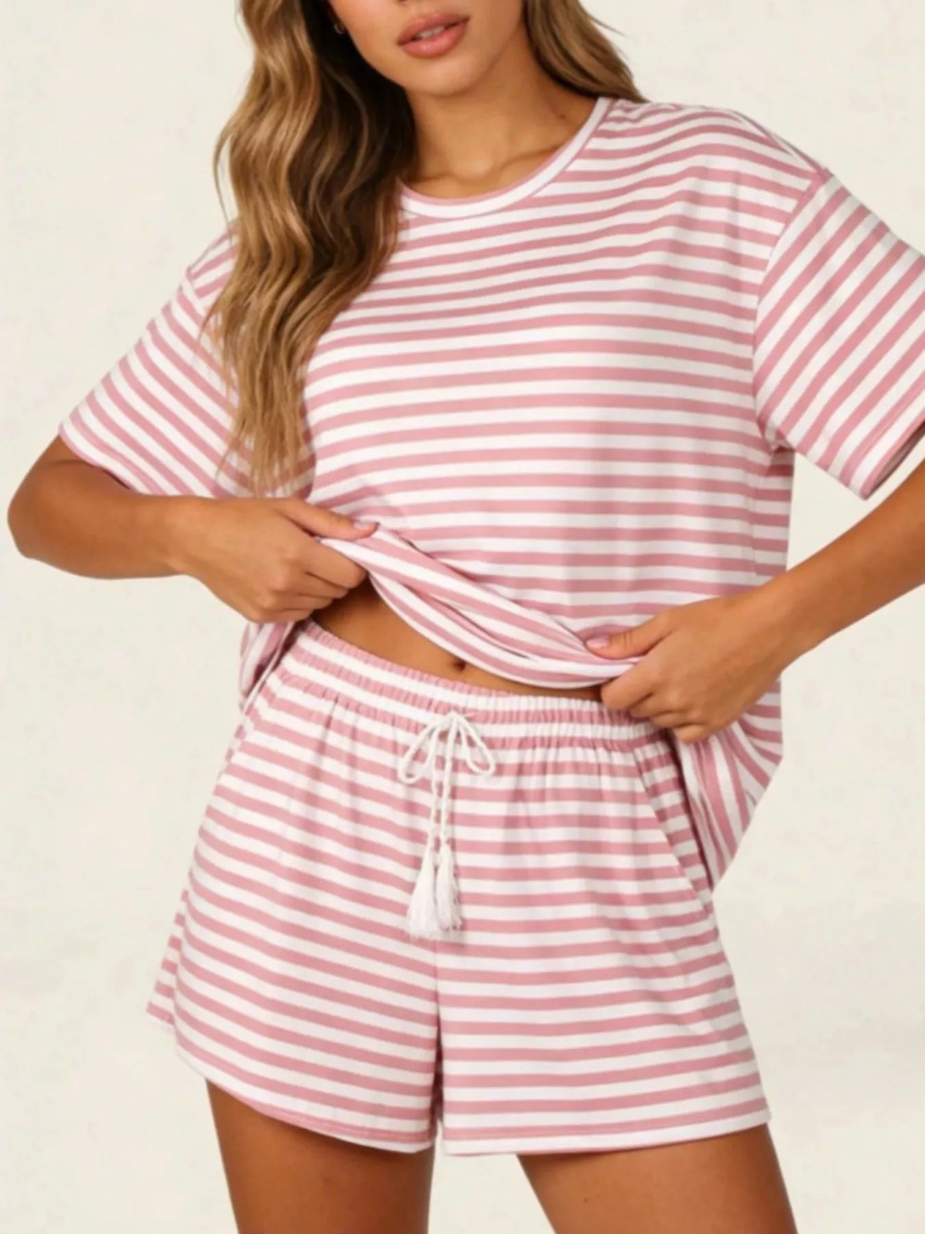 Striped Short Sleeve Tee and Drawstring Shorts Set
