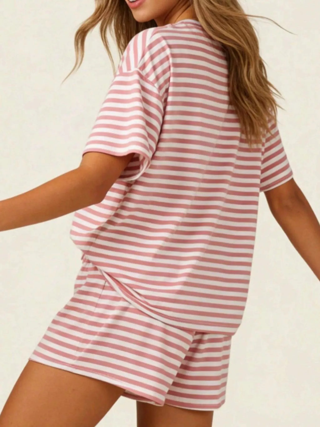 Striped Short Sleeve Tee and Drawstring Shorts Set