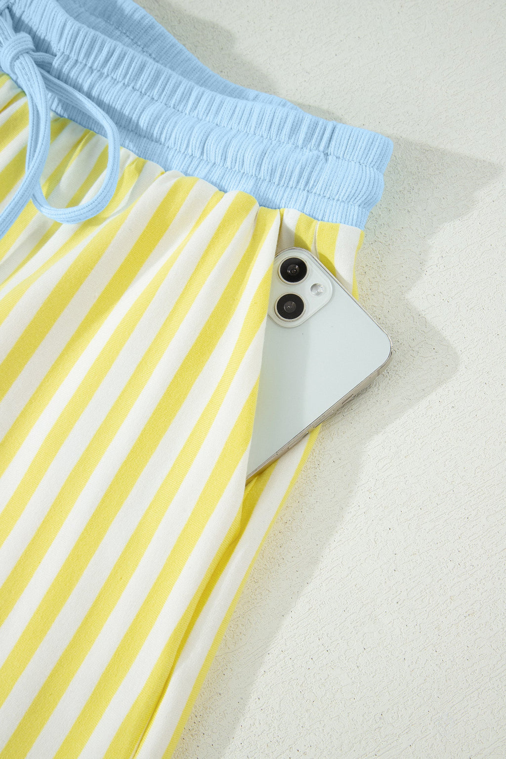 Yellow Stripe Colorblock Trim V Neck Tee Drawstring Elastic Waist Short Set