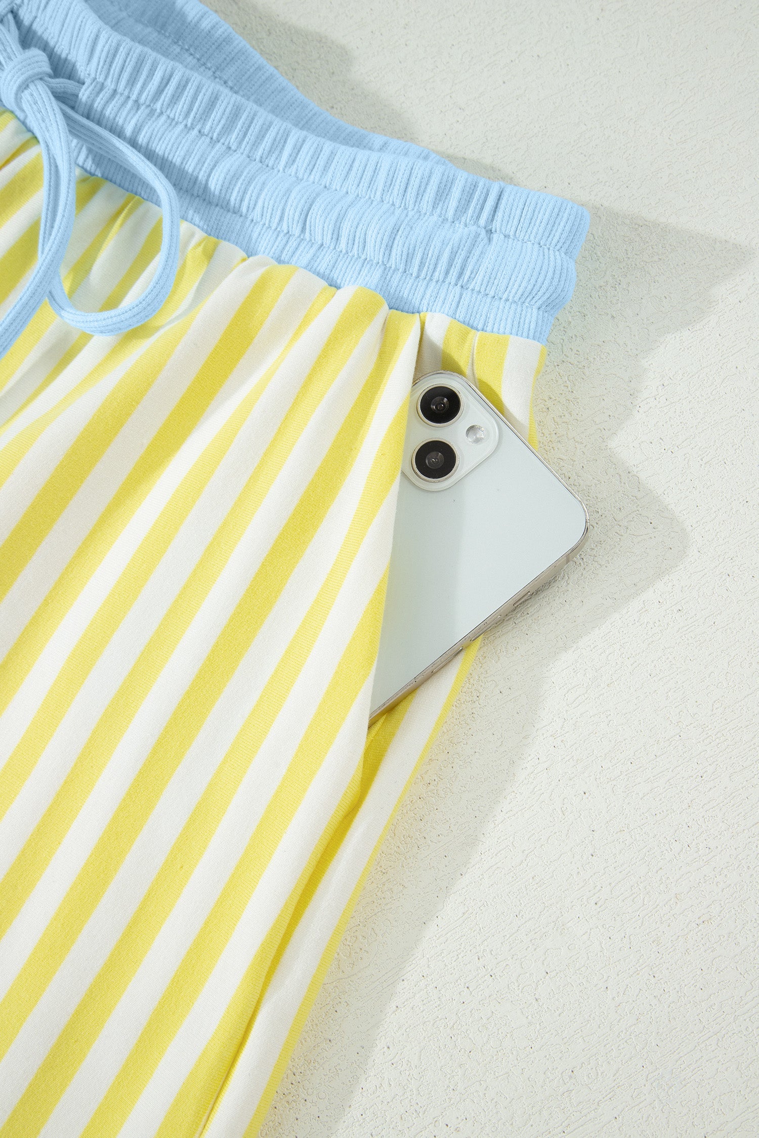 Yellow Stripe Colorblock Trim V Neck Tee Drawstring Elastic Waist Short Set