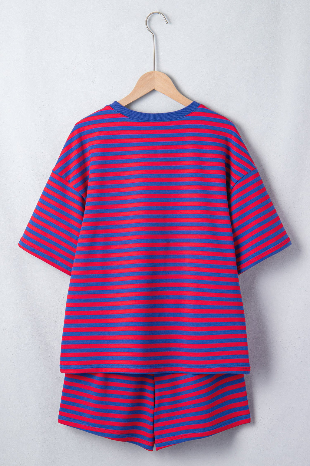Navy Stripe Striped Ribbed Cotton Two-Piece Short Set with Chest Patch Detail