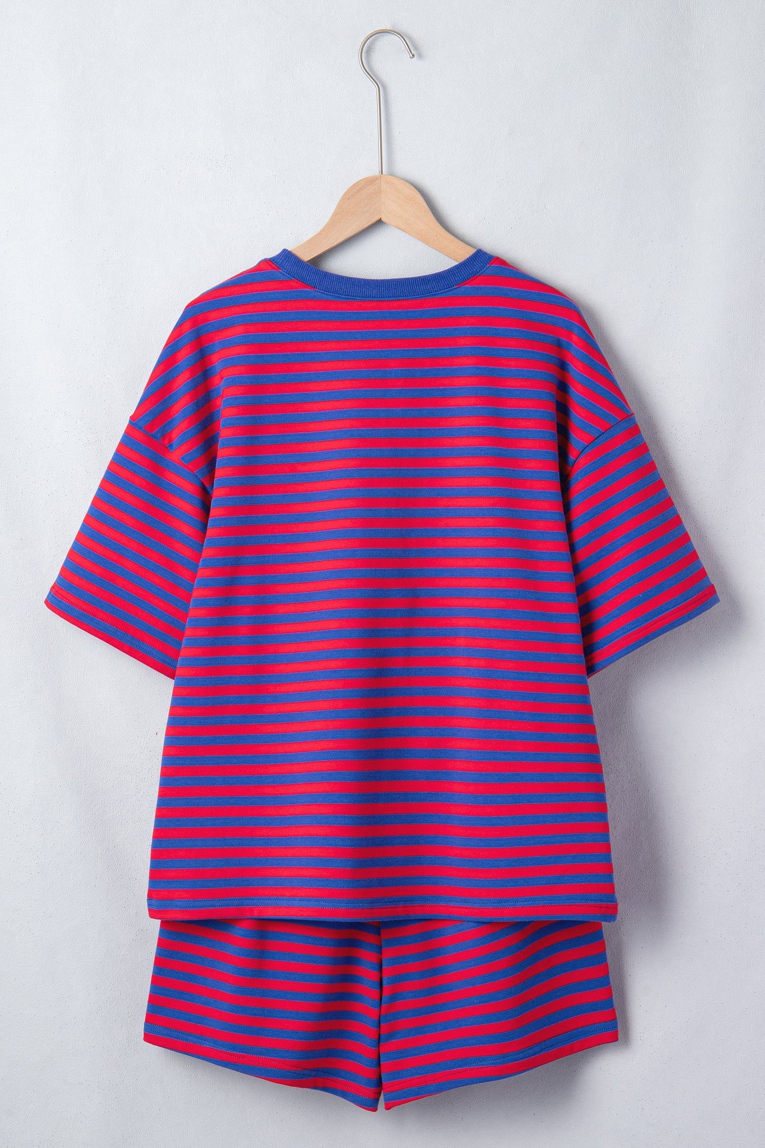 Navy Stripe Striped Ribbed Cotton Two-Piece Short Set with Chest Patch Detail