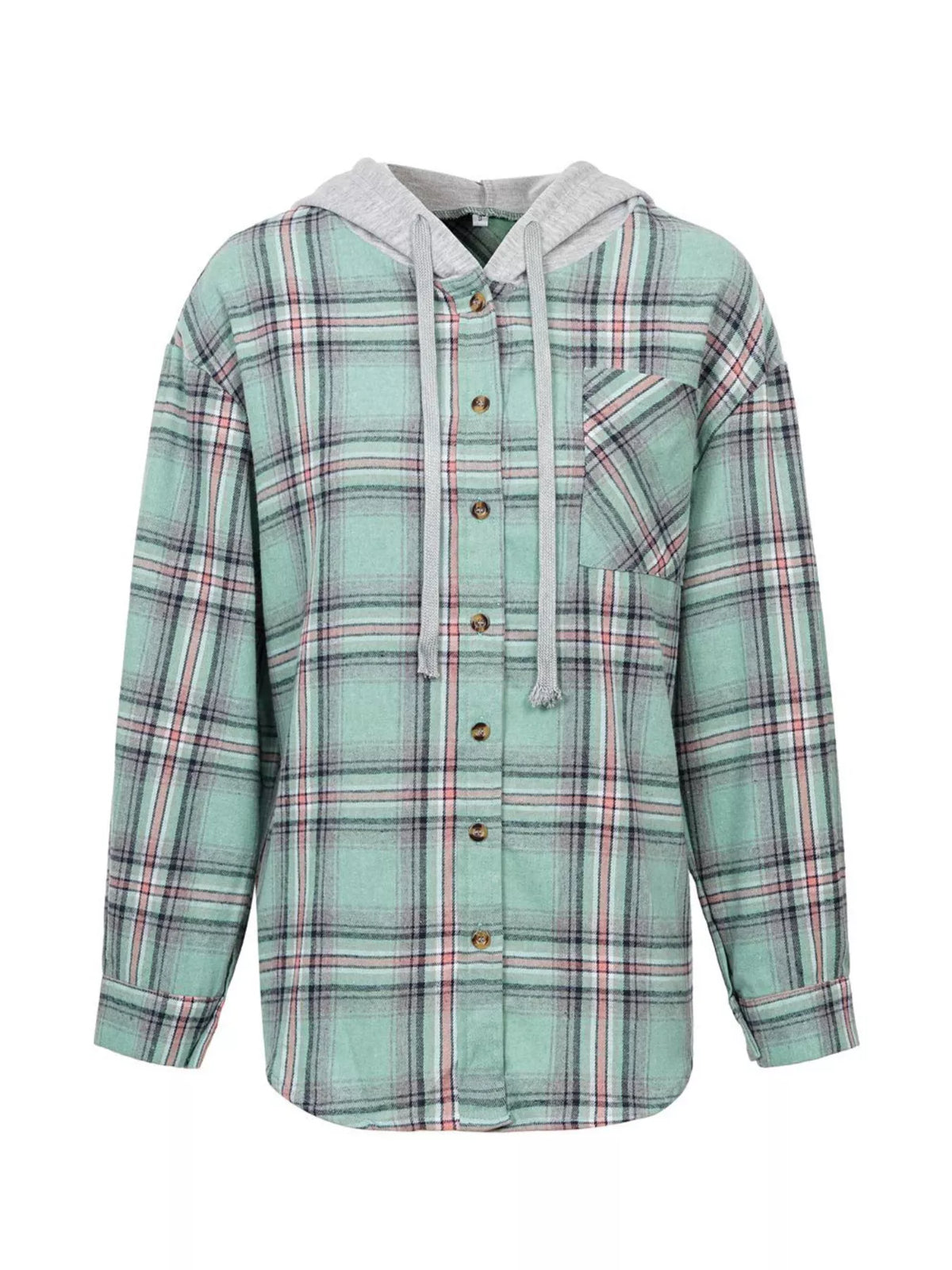 Plaid Button-Up Hooded Shirt with Chest Pocket