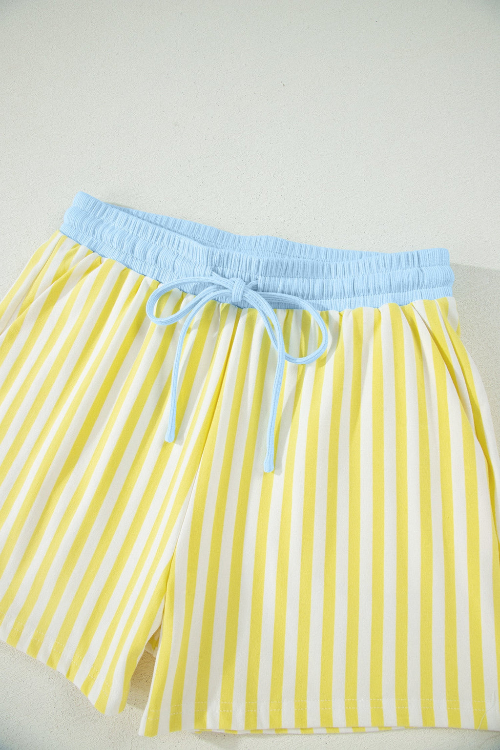 Yellow Stripe Colorblock Trim V Neck Tee Drawstring Elastic Waist Short Set