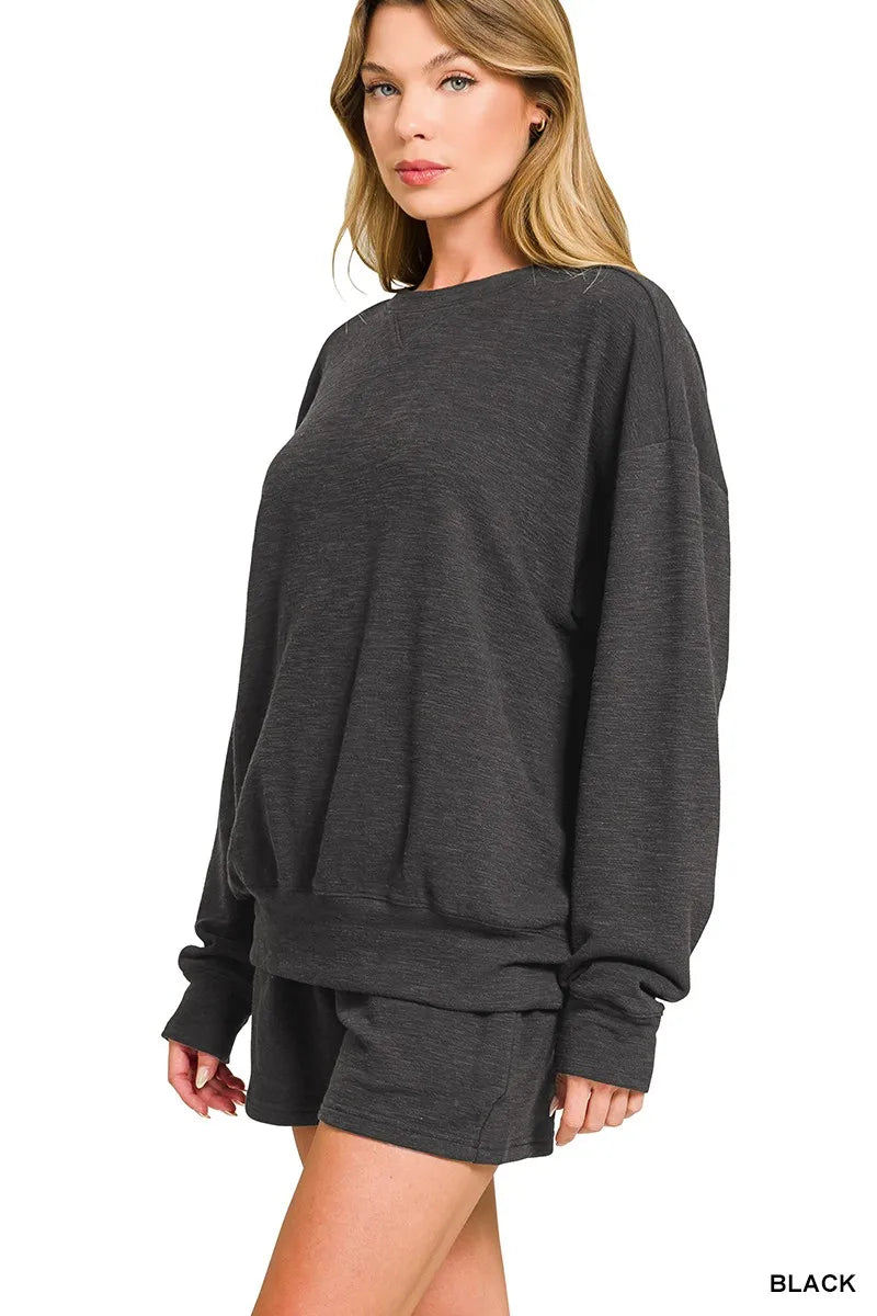 Slub Long Sleeve Top and Shorts Set in Black