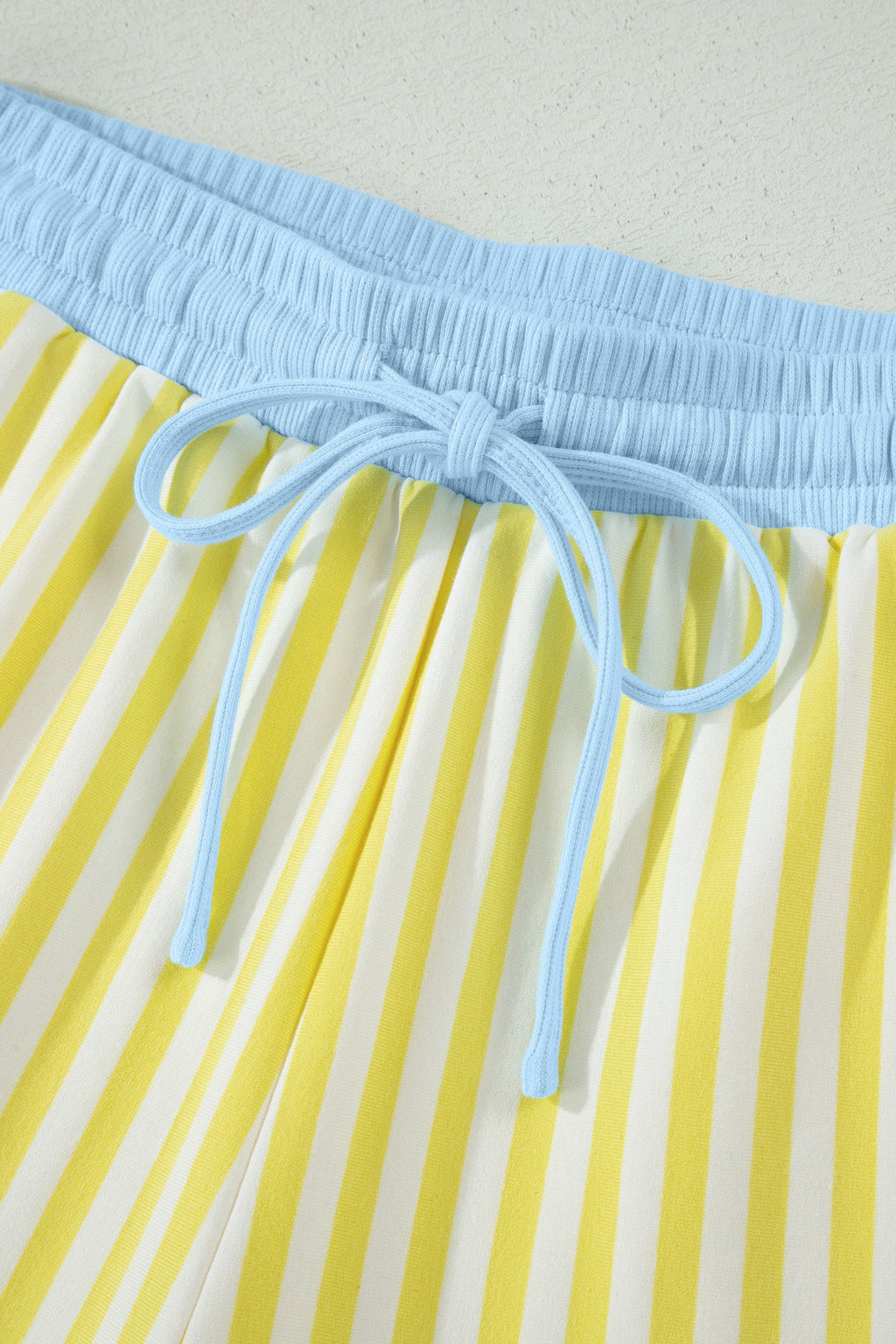 Yellow Stripe Colorblock Trim V Neck Tee Drawstring Elastic Waist Short Set