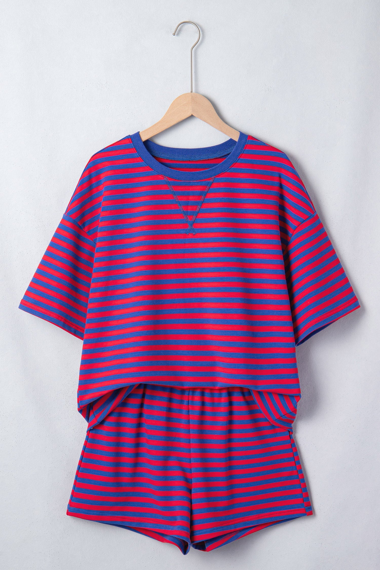 Navy Stripe Striped Ribbed Cotton Two-Piece Short Set with Chest Patch Detail