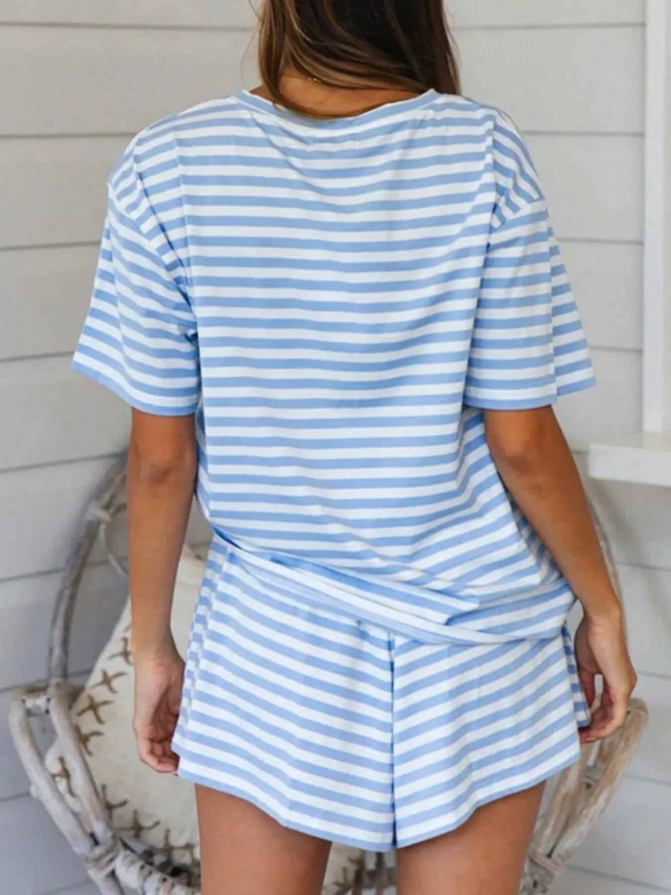 Striped Short Sleeve Tee and Drawstring Shorts Set