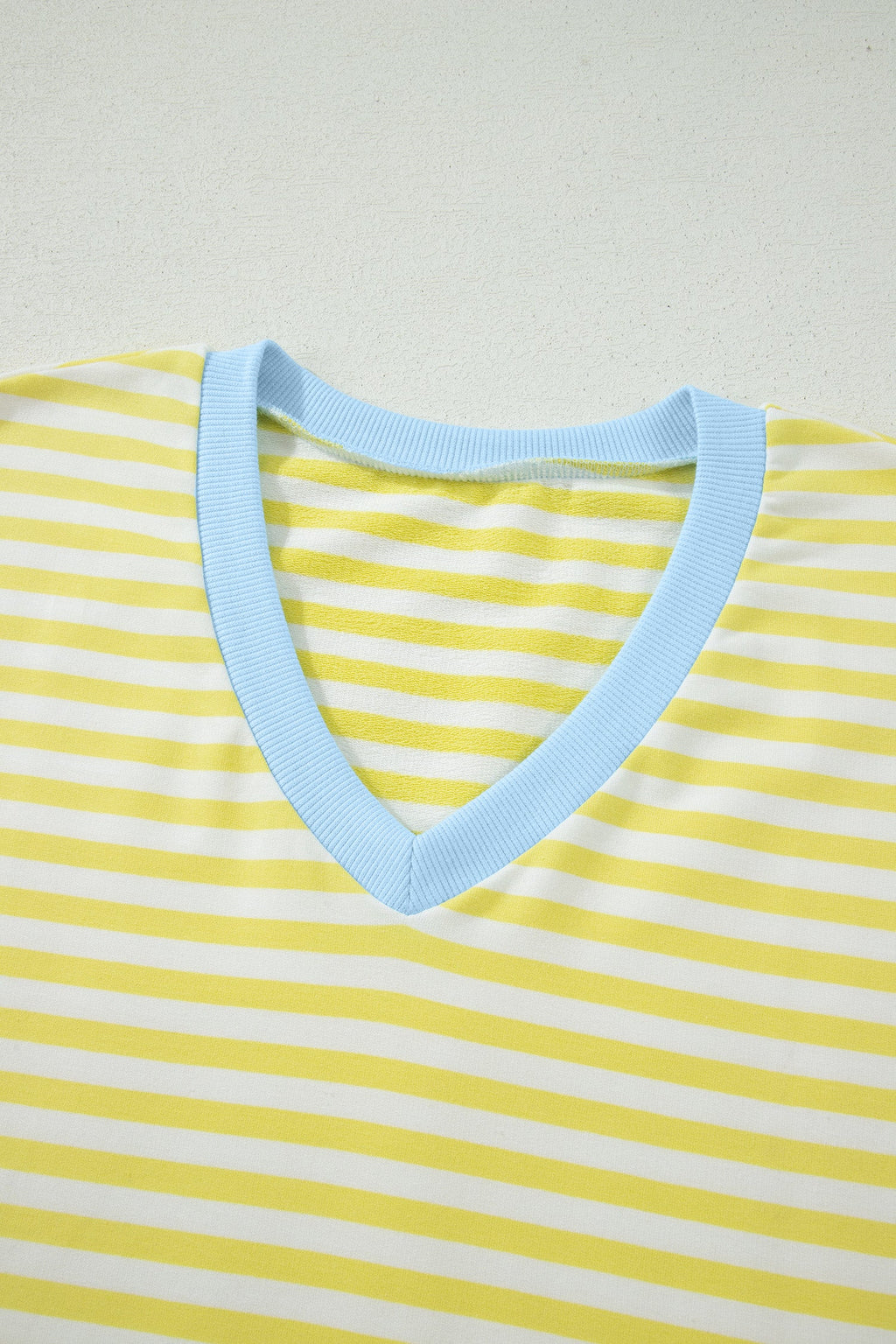 Yellow Stripe Colorblock Trim V Neck Tee Drawstring Elastic Waist Short Set