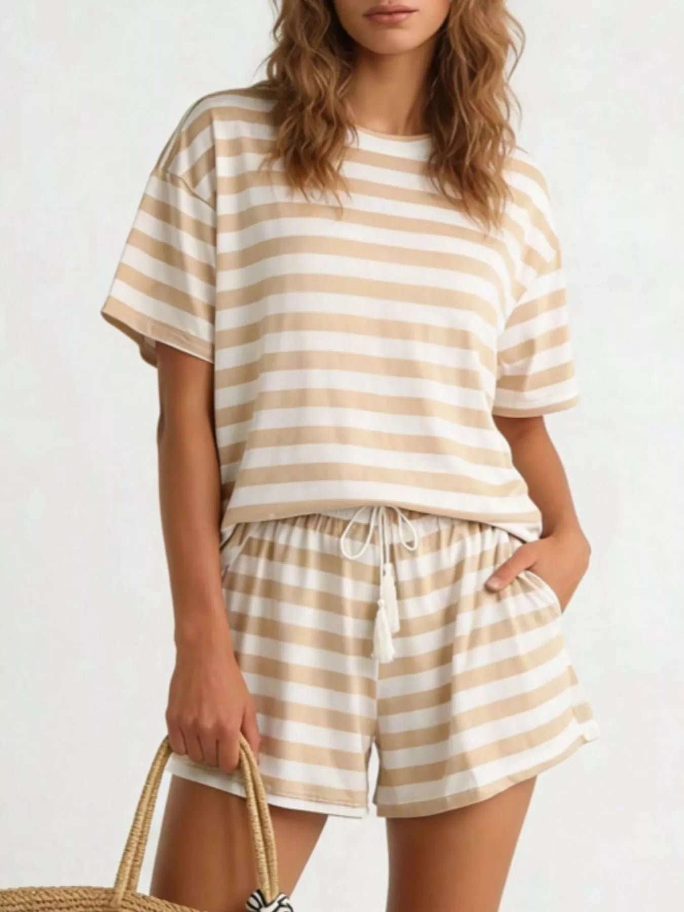 Striped Short Sleeve Tee and Drawstring Shorts Set