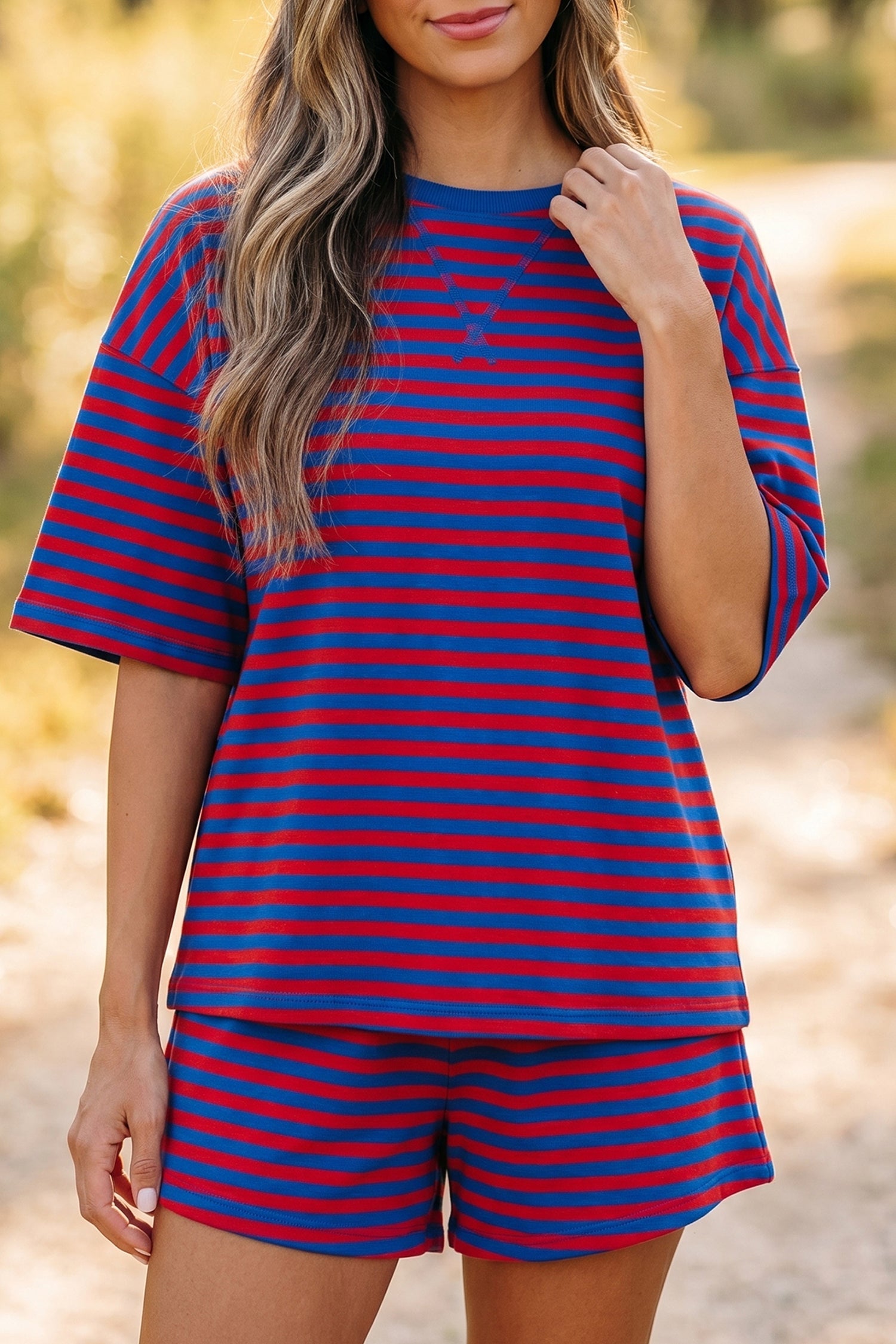 Navy Stripe Striped Ribbed Cotton Two-Piece Short Set with Chest Patch Detail