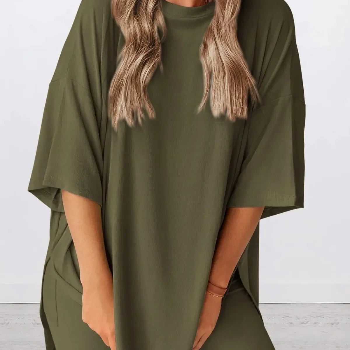 Oversized Slit Round Neck Top and Shorts Lounge Set