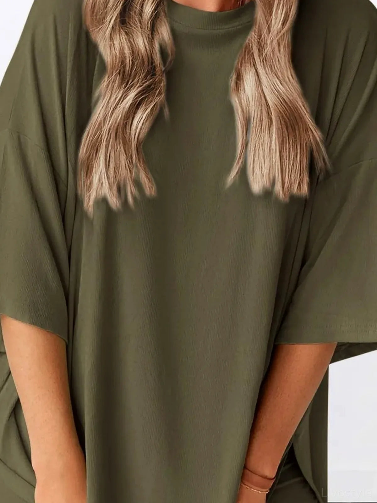 Oversized Slit Round Neck Top and Shorts Lounge Set