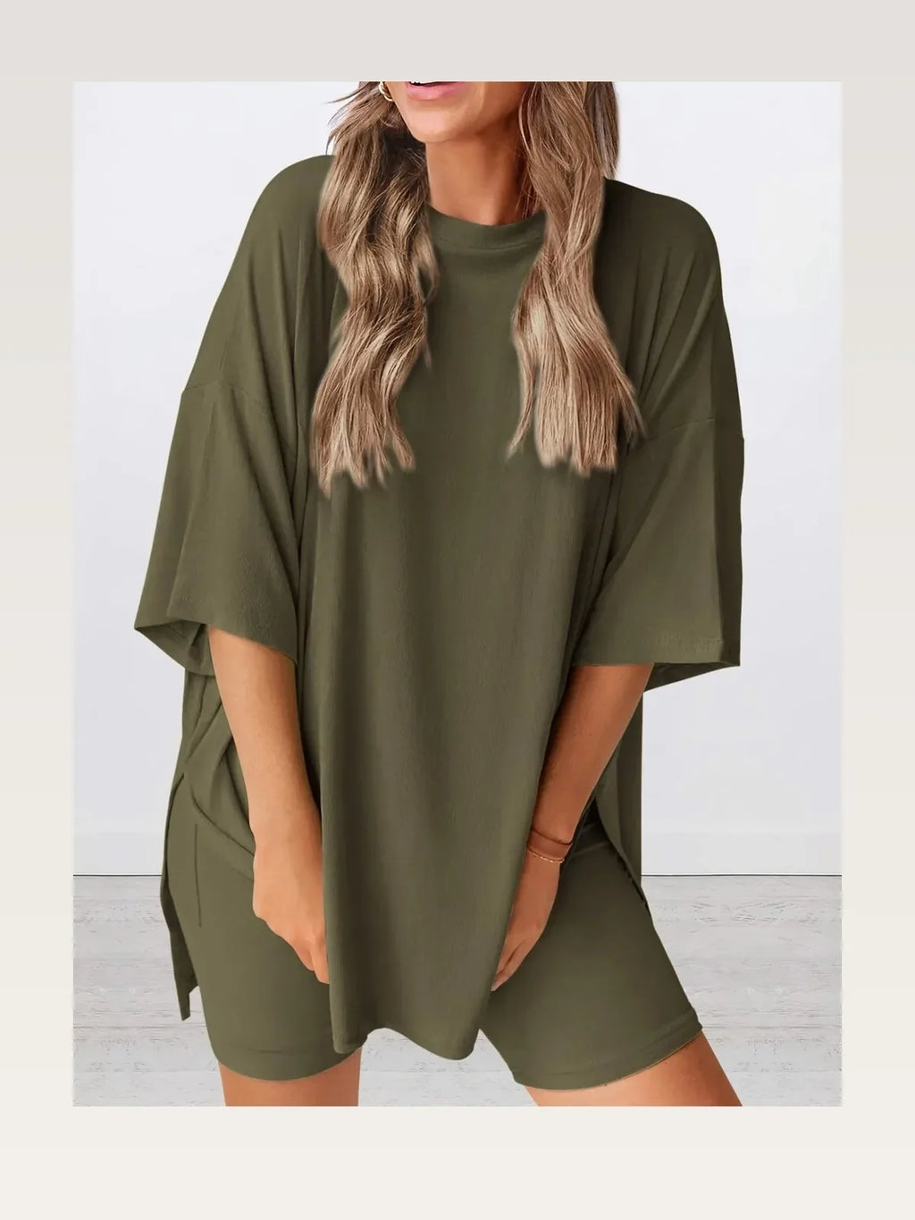 Oversized Slit Round Neck Top and Shorts Lounge Set