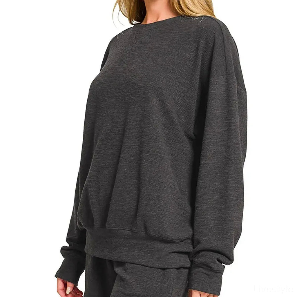 Slub Long Sleeve Top and Shorts Set in Black