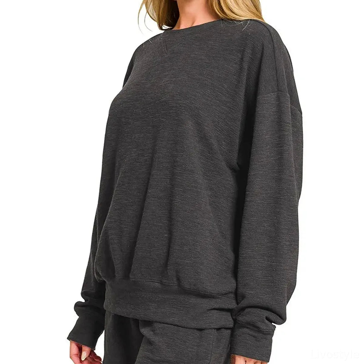 Slub Long Sleeve Top and Shorts Set in Black