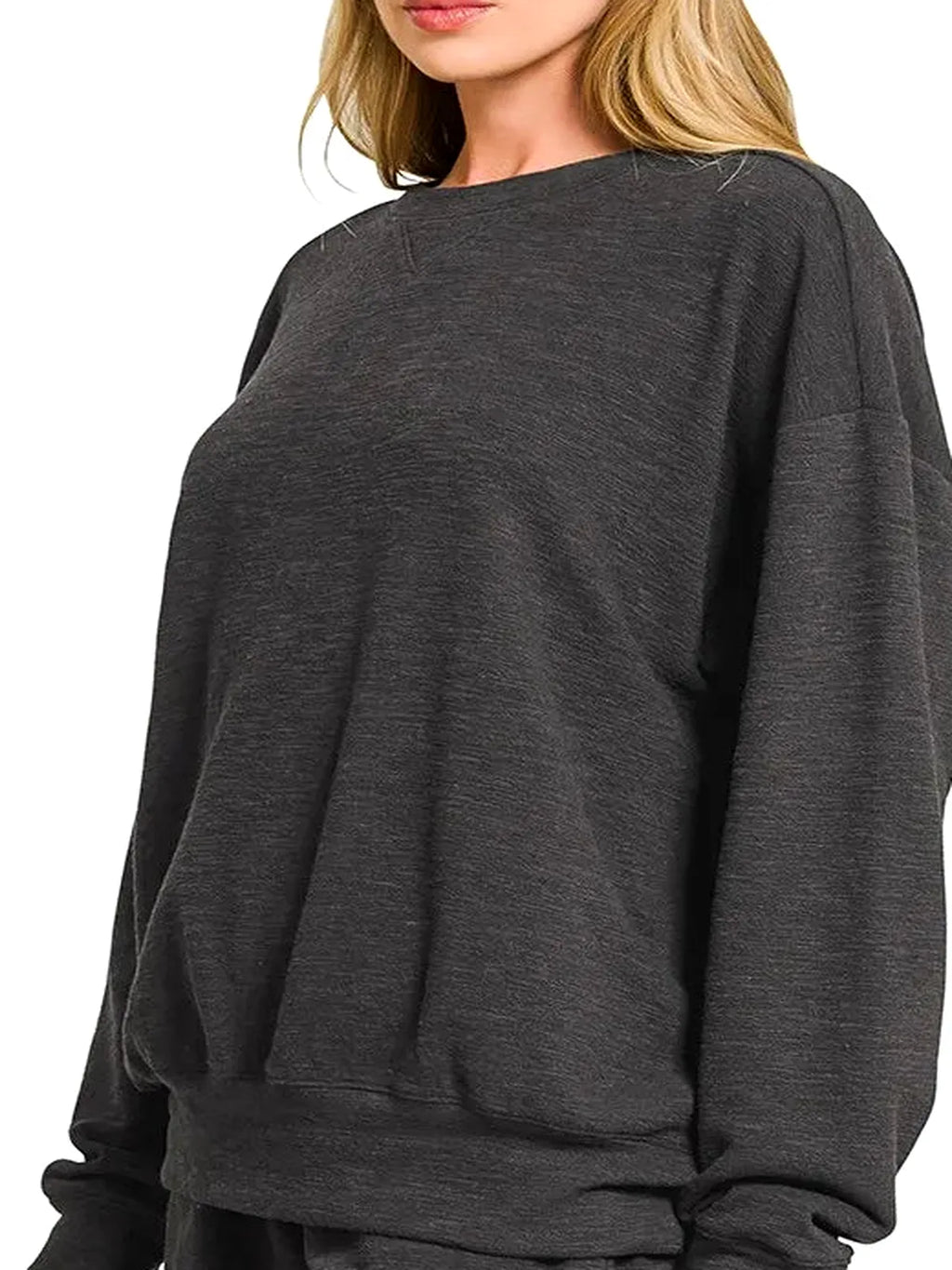 Slub Long Sleeve Top and Shorts Set in Black