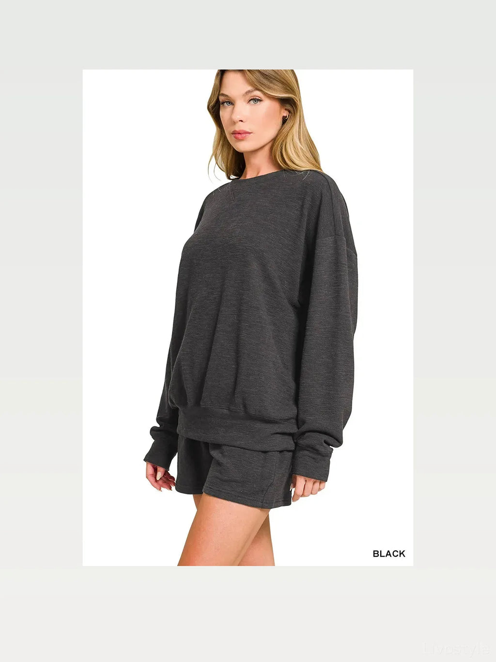 Slub Long Sleeve Top and Shorts Set in Black
